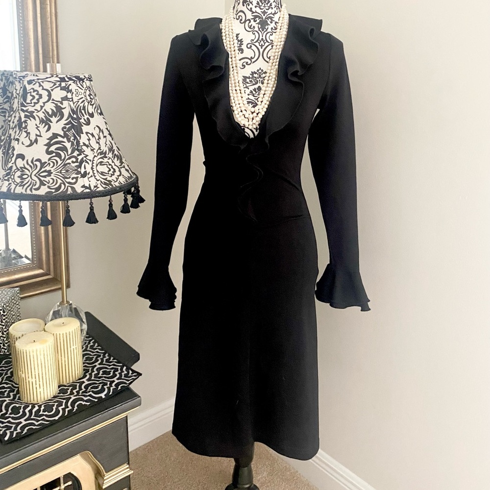 Black Dress w Ruffle V Neck and Sleeves!